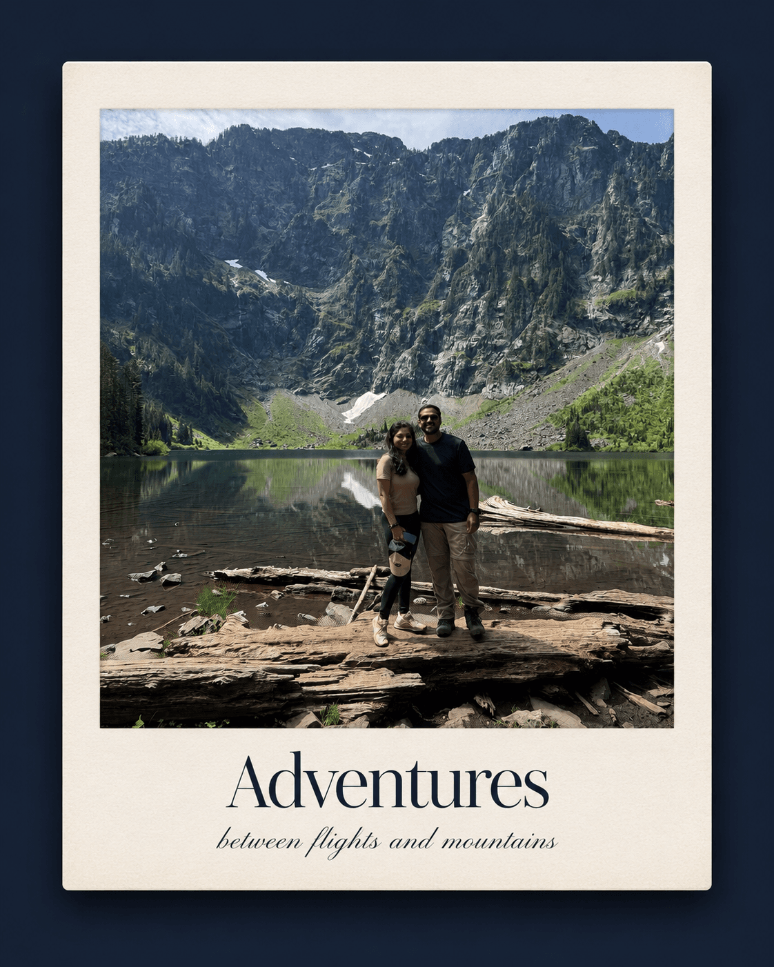 Adventures -- between flights and mountains. Shreya and Darshit beside an alpine lake