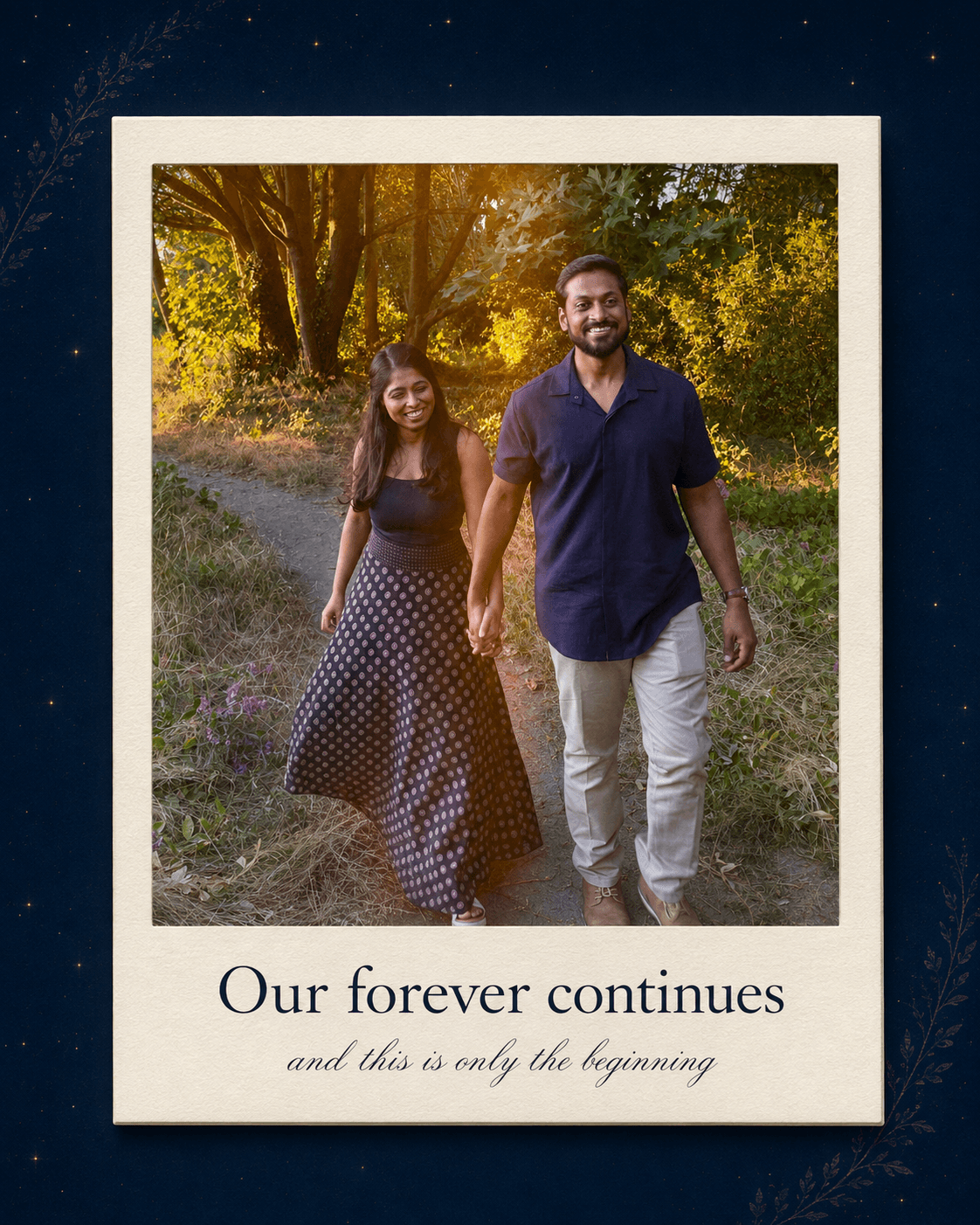 Our forever continues -- and this is only the beginning. Shreya and Darshit walking hand in hand along a sunlit wooded path