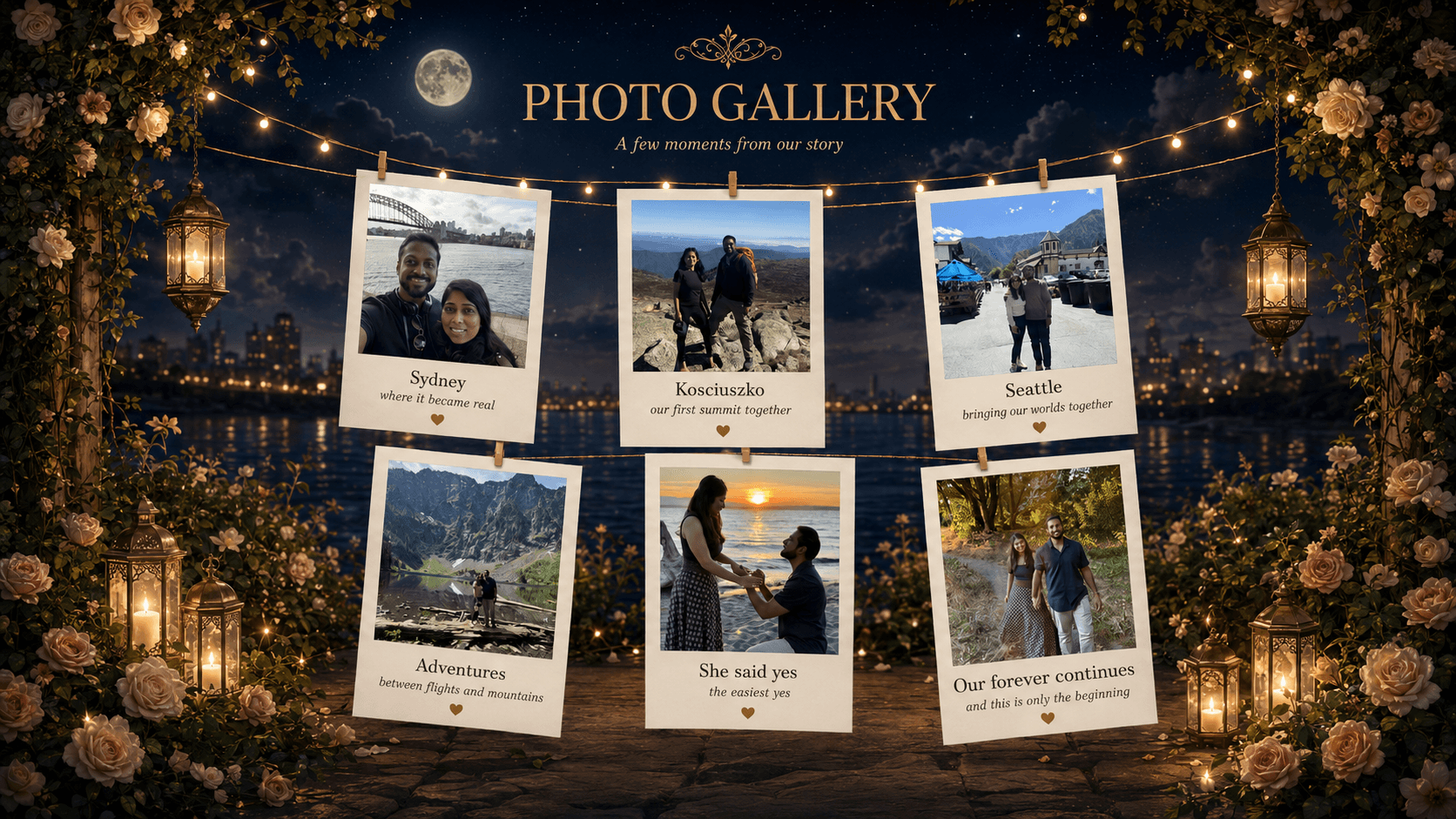 Photo gallery: six polaroid photos from our story -- Sydney, Kosciuszko, Seattle, adventures between flights and mountains, she said yes, and our forever continues -- hanging from string lights under a moonlit garden sky