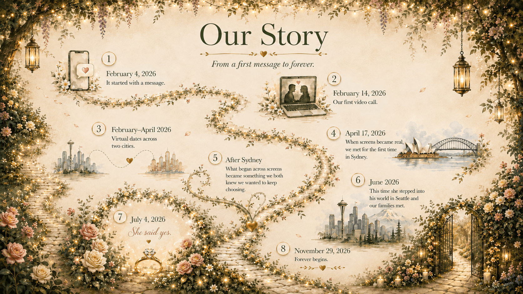 Our Story: from a first message to forever, illustrated as a winding garden path through eight milestones